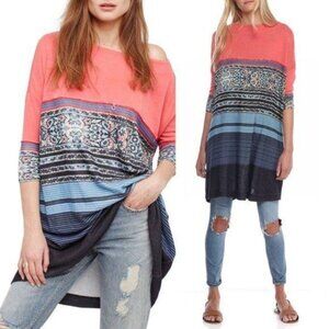Free People Steppin Out Long Sleeve Tunic Dress Black Combo‎ Pink Blue Women's S